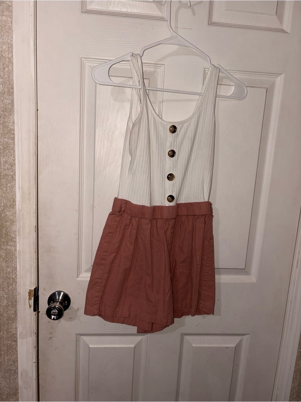 SHEIN White Ribbed Tank Romper with Mauve Shorts
